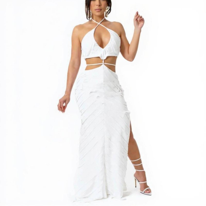 Elegant Alabaster Hollow Ruffle Maxi Dress, Sleeveless Halter Neck