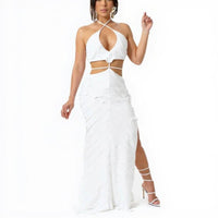 Elegant Alabaster Hollow Ruffle Maxi Dress, Sleeveless Halter Neck