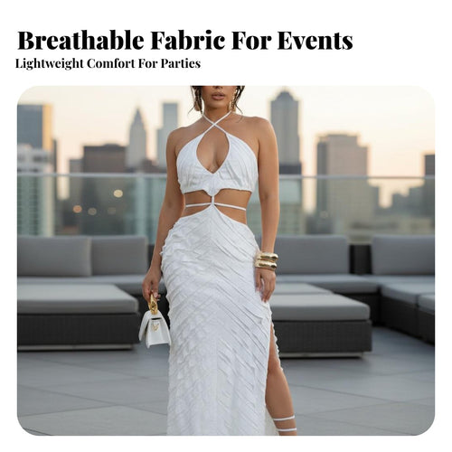 Elegant Alabaster Hollow Ruffle Maxi Dress, Sleeveless Halter Neck