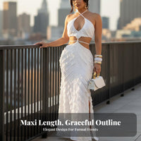 Elegant Alabaster Hollow Ruffle Maxi Dress, Sleeveless Halter Neck