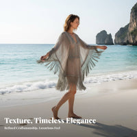 Silk Swim Cover Up, Gray Long Tassel, Flared Sleeve, Boho Sun Protection
