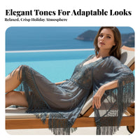 Silk Swim Cover Up, Gray Long Tassel, Flared Sleeve, Boho Sun Protection