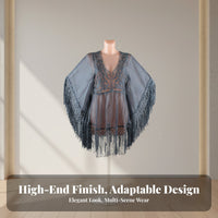 Silk Swim Cover Up, Gray Long Tassel, Flared Sleeve, Boho Sun Protection