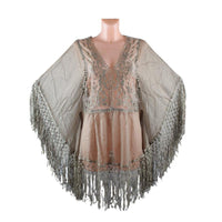 Silk Swim Cover Up, Gray Long Tassel, Flared Sleeve, Boho Sun Protection