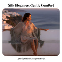Silk Swim Cover Up, Gray Long Tassel, Flared Sleeve, Boho Sun Protection