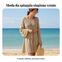Summer Beach Cover Up, Long Sleeve, Hollow Knit, Sun Protection for Women
