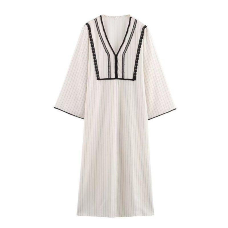 Elegant V-Neck Linen Dress Lace Summer Cream Women