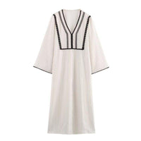 Elegant V-Neck Linen Dress Lace Summer Cream Women