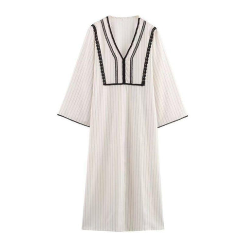 Elegant V-Neck Linen Dress Lace Summer Cream Women