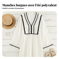 Elegant V-Neck Linen Dress Lace Summer Cream Women