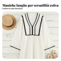 Elegant V-Neck Linen Dress Lace Summer Cream Women