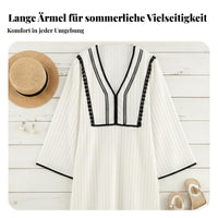 Elegant V-Neck Linen Dress Lace Summer Cream Women