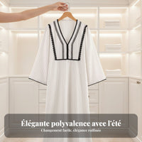 Elegant V-Neck Linen Dress Lace Summer Cream Women