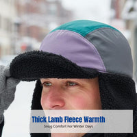 Outdoor Lamb Wool Trapper Hat, Color Block, Ear Protection, Thick, Winter Warmth