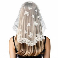 Cream Lace Headscarf, Single Ply, Floral Embellishment Ceremony