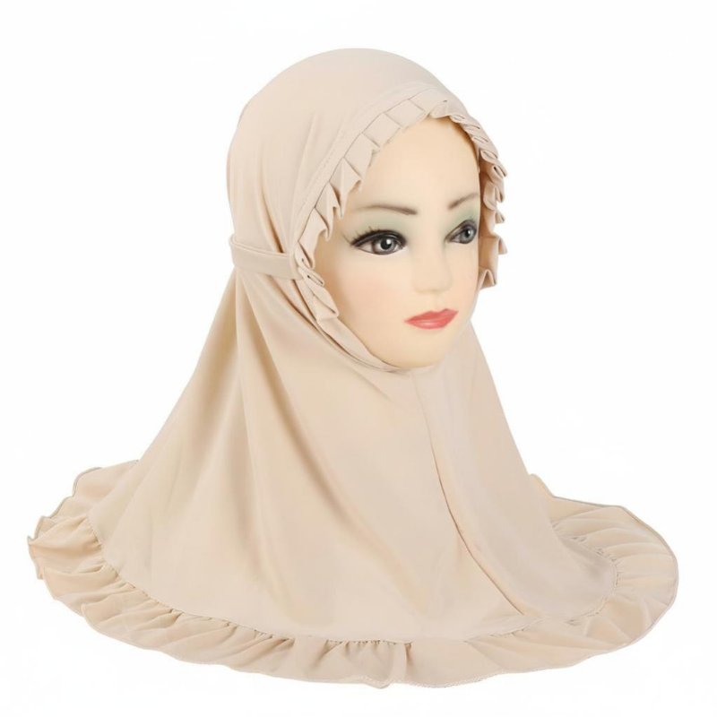 Girls Hijab, Ruffled Headscarf with Foliage Trim, Soft Ice Silk for Prayer
