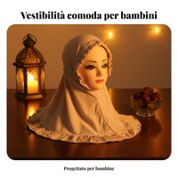 Girls Hijab, Ruffled Headscarf with Foliage Trim, Soft Ice Silk for Prayer