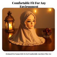 Girls Hijab, Ruffled Headscarf with Foliage Trim, Soft Ice Silk for Prayer