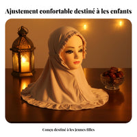 Girls Hijab, Ruffled Headscarf with Foliage Trim, Soft Ice Silk for Prayer