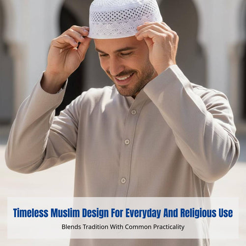 Embroidered Muslim Prayer Cap for Men, Flat Top, Mesh, Saudi Style, Polyester