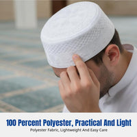 Embroidered Muslim Prayer Cap for Men, Flat Top, Mesh, Saudi Style, Polyester