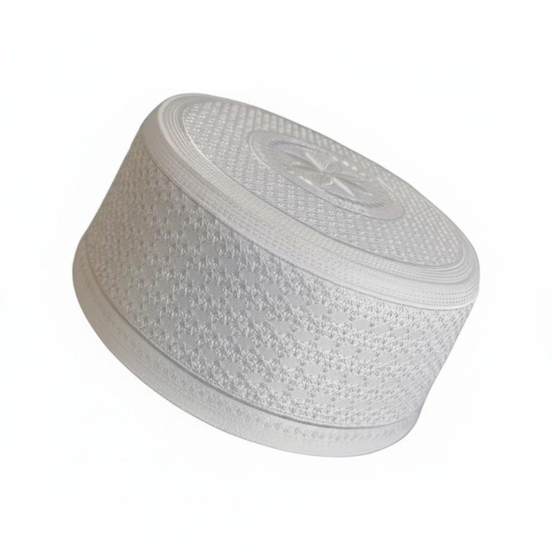 Men's Embroidered Muslim Prayer Cap, Large Flat Top, Black and Cream