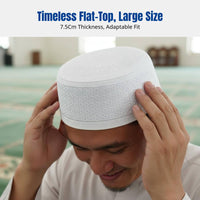 Men's Embroidered Muslim Prayer Cap, Large Flat Top, Black and Cream