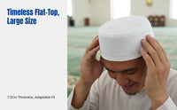 Men's Embroidered Muslim Prayer Cap, Large Flat Top, Black and Cream