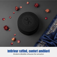 Geometric Embroidered Hui Cap, Men's Black Flat Top Prayer Hat