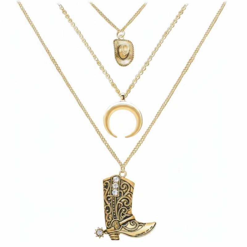 Boho necklace with boots, ox head, crescent charms.