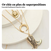 Boho necklace with boots, ox head, crescent charms.