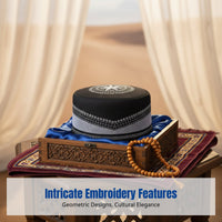 Embroidered Saudi Prayer Cap for Men, Rigid Flat Top, Striped, Ethnic Dance, Winter