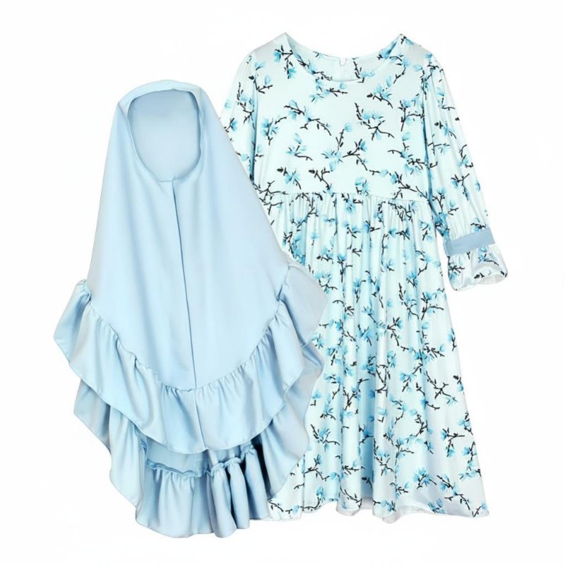 Girls Autumn Winter Floral Dress, Long Sleeve Headscarf Set