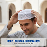 Men's Flat Top Mesh Prayer Cap, Ethnic Design, Thin, Breathable, Summer, Large Size