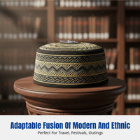 Men's Embroidered Ethnic Hat, Flat Top, Saudi Style, Round Brim, New Design