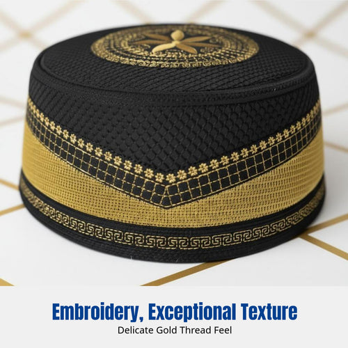 Autumn Winter Men's Embroidered Prayer Cap, Thick Hard Muslim Flat Top