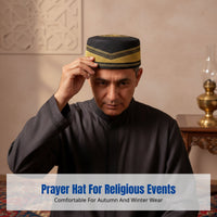 Autumn Winter Men's Embroidered Prayer Cap, Thick Hard Muslim Flat Top