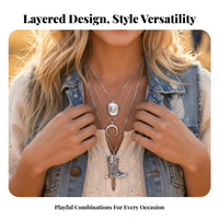 Cowgirl Western Layered Necklace, Bohemian Ox Head, Half-Moon Pendant