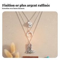 Cowgirl Western Layered Necklace, Bohemian Ox Head, Half-Moon Pendant