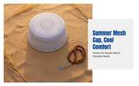 Flat Top Muslim Prayer Cap for Men, Summer Mesh, Geometric Embroidery, Breathable, Foldable