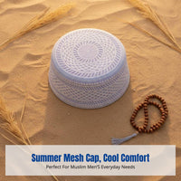 Flat Top Muslim Prayer Cap for Men, Summer Mesh, Geometric Embroidery, Breathable, Foldable