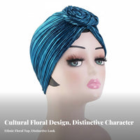 Shiny Crinkle Turban Hat, Floral Top, Ethnic Design, Adult
