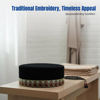 Stylish Embroidered Muslim Cap, Hard Flat Top, Breathable Prayer Hat