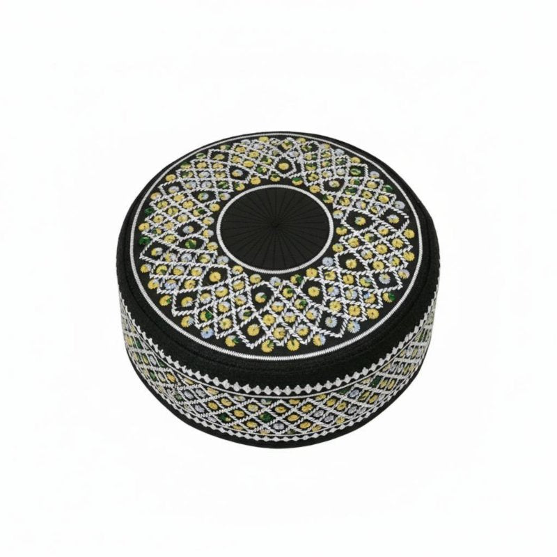 Men's Hui Muslim Prayer Hat, Embroidered Cotton Cap, Flat Top, Round Border