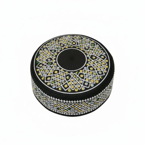 Men's Hui Muslim Prayer Hat, Embroidered Cotton Cap, Flat Top, Round Border