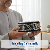 Men's Hui Muslim Prayer Hat, Embroidered Cotton Cap, Flat Top, Round Border