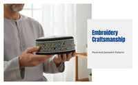 Men's Hui Muslim Prayer Hat, Embroidered Cotton Cap, Flat Top, Round Border