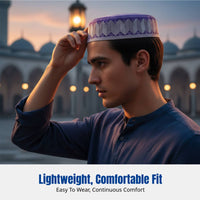 Men's Muslim Prayer Cap, Cotton Embroidered, Cream Top, Lightweight, Youth, Travel, Minimalist