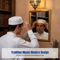 Muslim Flat Top Cap, Unisex, Embroidered, Lightweight, Cream or Navy Stripes, Random Color