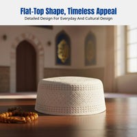 Hui Flat Top Hat, Large Men's Cap, Cream, Geometric Pattern, Relaxed Design